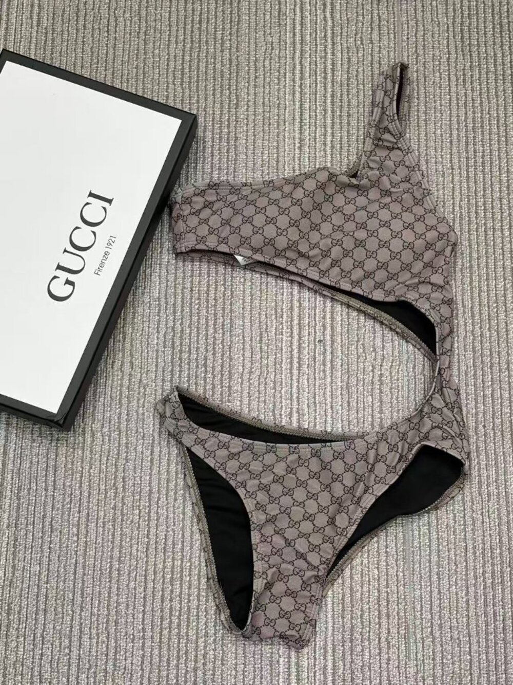 Gucci Grey GG Monogram Cutout One Piece Swimsuit Designer Resort Bathing Suit